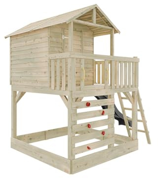 Stelzenhaus Noah Grau 201x216 cm Stelzenhaus mit Rutsche, Kletterwand und Sandkasten, Kesseldruckimprägniertes Kiefernholz, Überdachte Veranda, Inklusive Wellenrutsche und Leiter, 0 x 0 x 0 cm