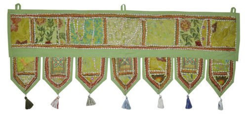 Sophia Art Weihnachtsdekoration indischer Ethno-Fenster-Volant, Heimdekoration, Bandhanwar Toran, Vintage-Stil, bestickt, Patchwork-Tür-Querbehang, baumwolle, grün, 39 X 13 Small Valance