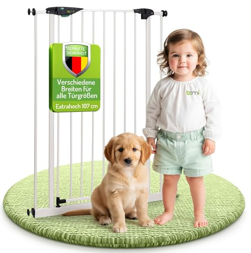 BOMI Kindertreppen Gitter Mira | Extra Hoch | Ohne Bohren | Schließt automatisch | Baby Gitter weiss Katzengitter | Kindertreppenschutzgitter Tür und Treppenschutzgitter zum Klemmen | Breite: 83-91 cm