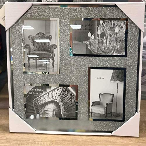 Biznest Aperture 4 Picture Photo Frame Hold 4 Picture Silver Mirrored Crushed Jewel Crystal Diamante 6”X4”