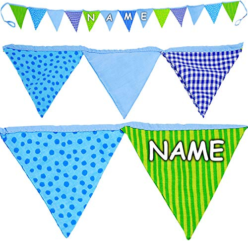alles-meine.de GmbH 2 * 2,2 m - Stoff - Girlande/Wimpelkette - grün & blau - inkl. Name - mehrweg & wiederverwendbar - Dekoration - Baumwolle - Wimpelgirlande - Dekogirlanden -..