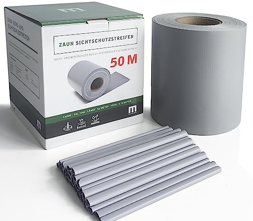 Stabmattenzaun-Sichtschutzstreifen, PVC-Folie in Grau, 19 cm hoch, 50 m lang, inkl. 40 Befestigungsclips, Zubehör für Doppelstabmattenzäune und Einzelstabmattenzäune – Zaun Sichtschutz, reißfest