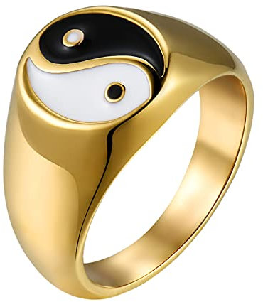 Flongo Herrenring Männer Ring Daumenring Siegelring Bandring Siegel Ringe Biker Golden Gold mit Tai Chi Yin und Yang Herren-Accessoires Größe 65
