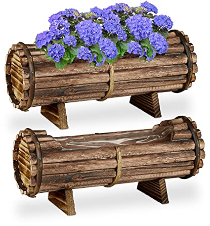 Relaxdays Fioriere in Legno, Set 2 Portavasi per il Balcone & il Davanzale, Vasi in Corteccia per il Giardino, Naturale