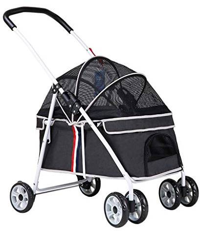MASME No-Zip Poussette Chat et Chien, Poussette Chien Chariot Pliable Caisse de Transport Chat Lapin Poussettes Cage de Transport Chats Chien Voiture 20 Kg, Auvent Ajustable (Color : Black)