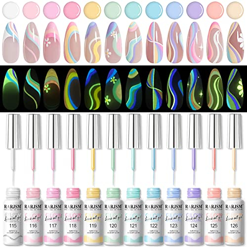 RARJSM Glow in The Dark Gel Liner Nail Art 12 Colors Soft Pastel Neon Blue Purple Pink Green Painting Luminous Gel Nail Polish Set UV LED Curing Requires Thin Brush Stripe for Swirl Nails Design
