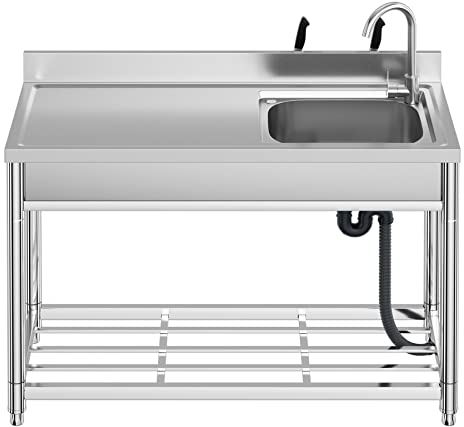 Freistehende Edelstahl Spültisch Gastro 1 Becken (Rechts), 120×50×94 cm Gewerbliche Spülbecken mit Wasserhahn mit Kalt und Warmwasserschläuchen, Ablassvorrichtung, für Außen, Innen, Küche, Restaurant