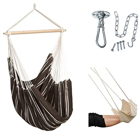 AMAZONAS Hängesessel Brasil Set Mocca | Brasil Hängesessel + Deckenhaken Power Hook + Fußablage | Sitzfläche 130x160 cm bis 150 kg hellgestreift