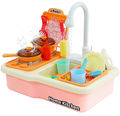 Pretend Wash-up Kitchen Sink Play Set Includes Cutting Toys,Kitchenware, Dishwasher with Running Water Cycle System, Pretend Role Play Kitchen Toys for Boys Girls (Pink)