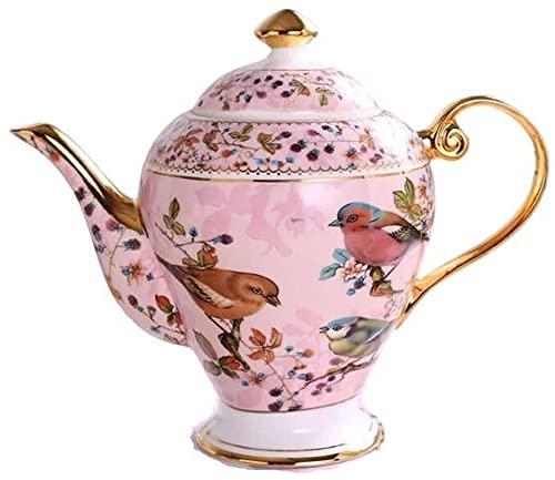 YBK Tech Bone China Teapot, 34oz Ceramic Coffee Pot, Birds and Trees Patterns (Light Pink)