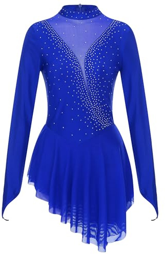TiaoBug Damen Langarm Eiskunstlauf Kleider Mesh Spleiß Ballettkleid Tanzkleider Glitzer Strass Steine Gymnastikanzug Turnanzug mit Röckchen Royal Blau B S