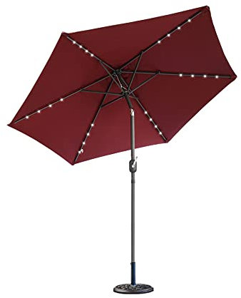 Green Bay 2.5M Round Garden Parasol Umbrella with Solar LED Lights Aluminium Crank Tilt Mechanism Wine Red (Parasol Base Included)