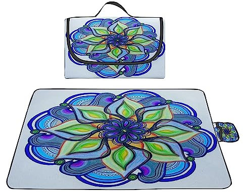 TengYuer Picknickdecke 180x200cm Stranddecke Wasserdicht Sandfrei Isoliert Faltbar Strandmatte mit Tragegriff Outdoor Campingdecke XXL für Camping Parks Strände Picknick Blaues Mandala