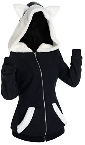 Damen Kawaii Kleidung Cat Ears Black Hoodie Pulli Dunkle Gotik Kapuzenpullover Langarm Sweatshirt Hollow Out Gothic Punk Oberteil Femboy Clothes Herbst und Winter Bluse Köln Karneval Partykleidung