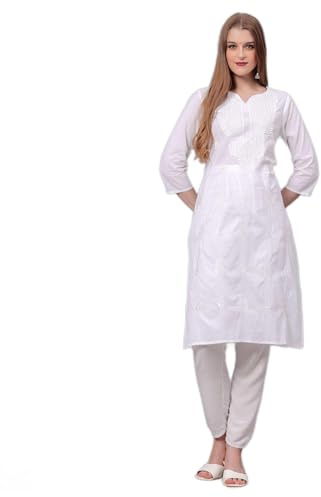 JG JAI GOVINDAM Kurti indiano ricamato a mano per le donne Chikankari dritto cotone lungo Kurti tunica Kurta abiti da donna, bianco, XX-Large