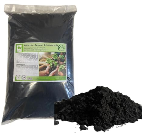 10 L Anzuchts-, Aussaat- & Kräutererde, mit Biokohle, Mikroorganismen, gebrauchsfertig, torffrei, mit hochwertiger Pflanzenkohle