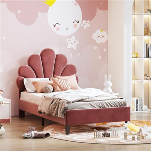 Tcewhhy Kinderbett 90x200 cm Polsterbett Mit Kopfteil In Blumenform Und Lattenrost Mädchenbett Jugendbett Für Kinder Jugendliche Gästebett Für Schlafzimmer Gästezimmer Bohnenrot