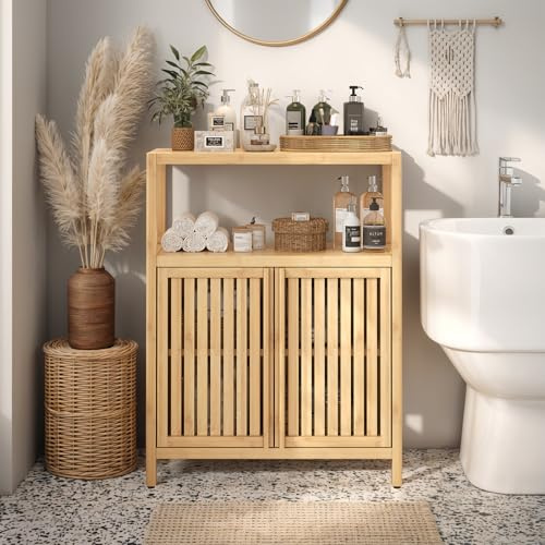 Bamboo Storage Cabinet Bathroom Floor Cabinet Side Storage Organizer Cabinet with 2 Louvered Doors & Open Shelf Freestanding Console Table Entryway Bathroom Furniture, Natural