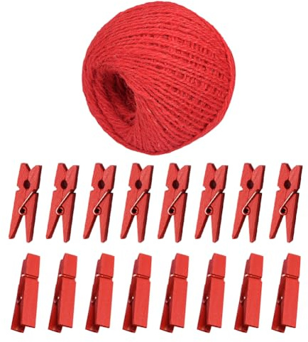 100 pinzas pequeñas de madera para ropa, 25 m, cordel de yute, mini clips de fotos, pinzas de madera para colgar ropa, pinzas decorativas para baby shower, color rojo