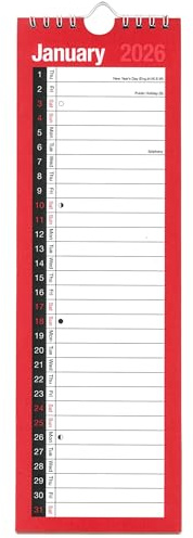 2026 Slim Calendar UK - Month to View Wall Planner with 1 Column Layout - Spiral Bound Hanging Organiser - Slimline Calendar 33cm x 10.5cm - Ideal for Home Office & Work