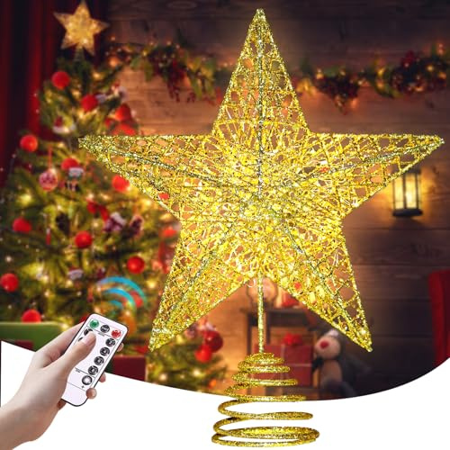 TZPAUG Décoration de sapin de Noël - En forme d'étoile - Doré - 20 x 25 cm - 20 LED - Fonction minuterie - Télécommande - Hiver - Noël - Pointe de sapin de Noël