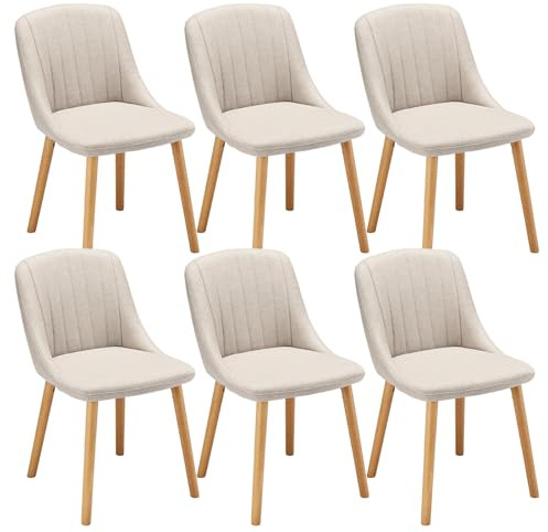 Goeurvant Matrumsstol, beige, set om 6, stoppade stolar, matsal, köksstol, vardagsrumsstol av polyester med massiva träben och ryggstöd
