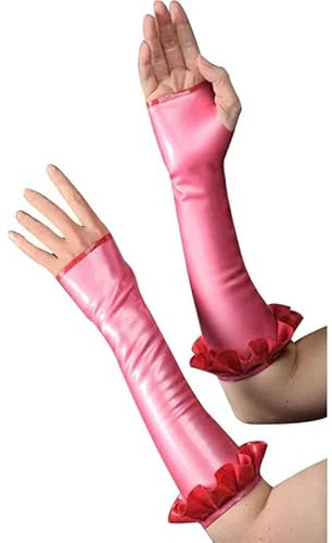 GAYLOP Sexy Fingerlose Kurze Latexhandschuhe in Perlenrosa und Rot mit Rüschen, Gummifäustlinge, Stulpen bis zum Ellenbogen, Rosa mit Rot, XXL