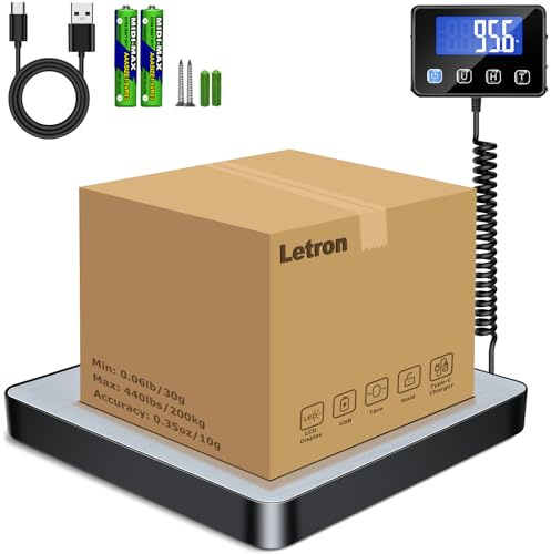 Postal Scales, 440lbs/0.5oz High Precision LCD Display Parcel Scales, Parcel Weighing Scales with Hold and Tare Function for Luggage, Package, Warehouse, 2 AAA Batteries and Charging Cable Included