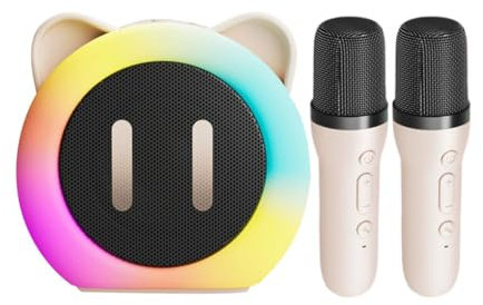 Macchina per karaoke con 2 microfoni, Macchina per karaoke wireless | Altoparlante karaoke wireless con luce colorata RGB e orecchie | Set di altoparlanti karaoke con 2 microfoni wireless con i