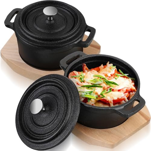 Suttmin 2 Sets 20 oz Dutch Oven Pot with Lid and Wooden Base Pre Seasoned Cast Iron Casserole Mini Cast Iron Pot Round Cocotte with Handle Heavy Duty Casserole Dish for Grill Oven Black