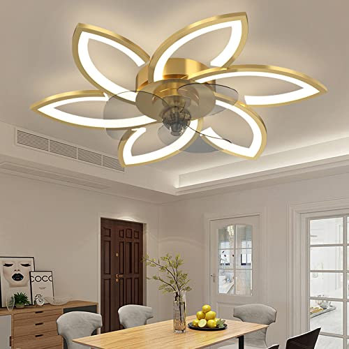 Modern Gold LED Ceiling Fan Light with Remote Control Dimmable and Adjustable Wind Speed Contemporary Chandelier Pendant Light with Silent Fans for Quiet Living Spaces.