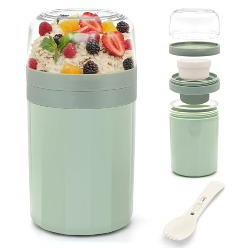 IJIAMY Müslibecher to Go, Premium Qualitat Joghurtbecher to Go Kinder mit Löffel 520ML+250ML, Auslaufsicher Müsli to go Becher mit Soßenbox, Müslischale (Grün)