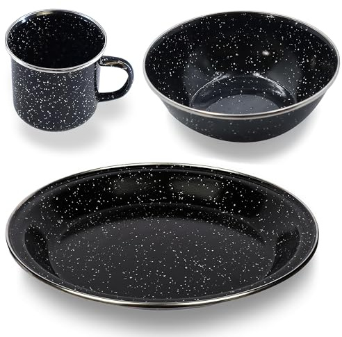 Navoys Enamel Camping Mug, Bowl and Plate - Black, Heat Resistant, Ideal Accessory for Camping, Picnic, Hiking, Fishing (1 Mug, Bowl & Plate)