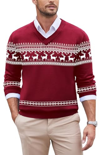 COOFANDY Pullover Herren Weihnachtspullover V-Ausschnitt Strickpullover Weihnachten Pullover Pulli Winterpullover Herren Christmas Sweater Weihnachtsrentier - Rot L