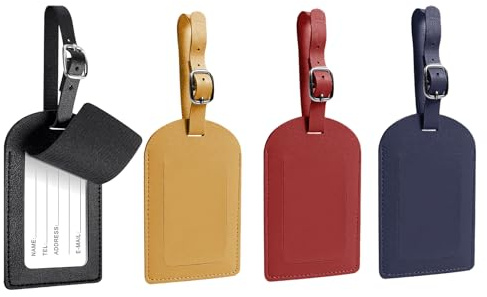 4 Pcs Luggage Tags, Leather Luggage Labes, Luggage Tags for Suitcases with Adjustable Strap Privacy Protection Cover for Preventing Loss Waterproof