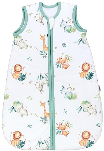 TupTam Baby Schlafsack 2.5 TOG – Warmer Winter Schlafsack Baby, OEKO-TEX, Ärmellos, Atmungsaktive Baumwolle, Farbe: Safari (Löwe, Giraffe, Elefant), Größe: 104-110