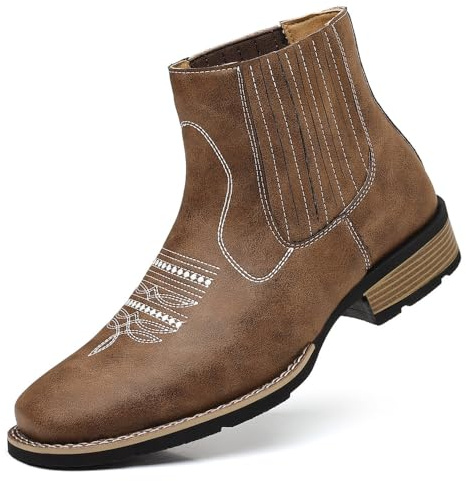 Bottes Cowboy Homme Western Bottines Cheville en Cuir PU Chelsea Slip-on Bout Rond Motif Brodé Rétro Classique Ranch Durable Confortable Mode Décontractée