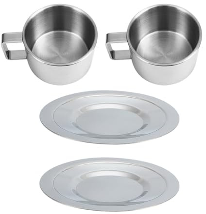 ROMISBABA Set 2 Tazze da Caffè Cappuccino in Acciaio 304 da 200Ml con Piattino Tazze da Acqua per Casa e Ufficio con Bordi Lisci e Design Pratico per Bar e Ristoranti