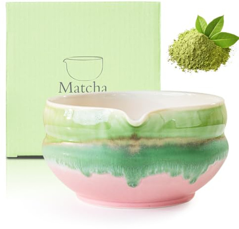 Umllpet Handgjord keramisk matcha-skål med pip, traditionell japansk teskål i vattenfärgdesign, diskmaskinssäker för matcha-tillredning inkl. (rosa-grön)