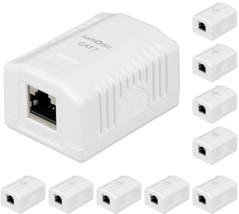 Lumonic 10er Set Netzwerkdose Aufputz CAT7 | 1-Port RJ45, Anschluss unten | ohne Stemmen nachrüsten | LSA-Montage, T568A/B farbcodiert | ABSGehäuse, weiß | Ethernet-Dose bis zu 10 Gbit/s