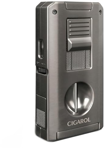 Cigarol 5-in-1 Zigarrenfeuerzeug mit Automatischer Doppelschere, Perforator & Halter wiederbefüllbarem, Flammen-Regulierung - Gunmetal