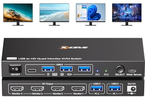KVM Switch 2 PC 4 monitores 1080P @ 60Hz, Quad Monitor KVM Switch Adecuado para ejecutar dos ordenadores en 4 monitores y 4 dispositivos USB, requiere instalación de controladores