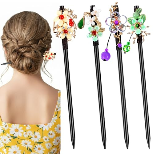 Nogeqi 4PCS Chinese Hair Pin, Vintage Retro Wooden Hair Chopsticks, Flower Chinese Hairsticks for Women, Classic Japanese Hairpin Accessories for Women Girls