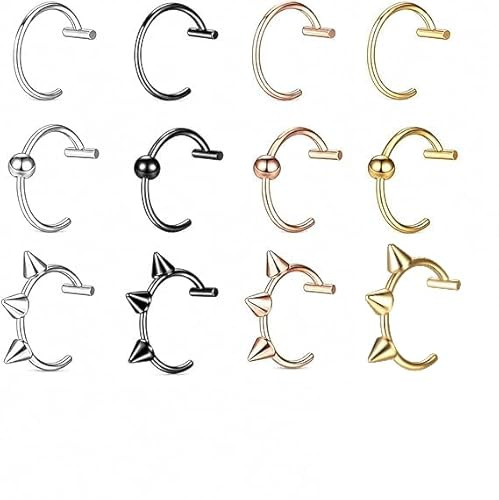 CQXSYTBN 12 Pezzi Piercing Finti Orecchino Naso Anello Labbra Acciaio Inossidabile Unisex Fake Piercing Senza Fori Argento Nero per Labbro Orecchio Feste Uso Quotidiano