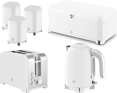 Swan Solace White Kitchen Set - 1.7L 3KW Kettle, 2-Slice Toaster, Bread Bin & Tea, Coffee & Sugar Canisters. Contemporary Matching Set Gloss White with Chrome Accents