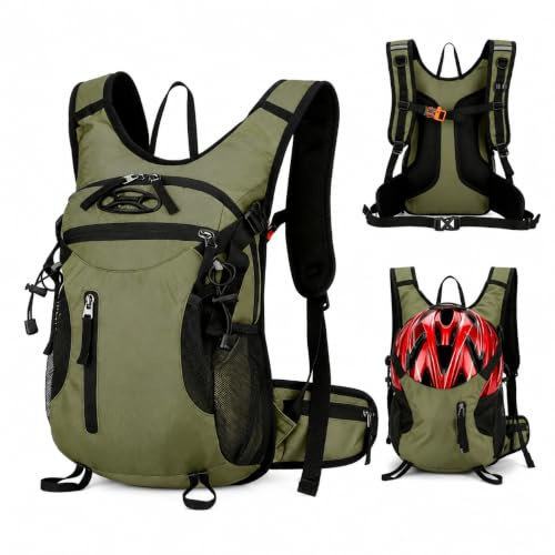 Qnbonrich cykelryggsäck män 15 l vattentät, MTB-ryggsäck med hjälmnät, Grön, Grundläggande, 15 l, vattenavvisande, 500 g lätt, hjälmnät, drickbubbelfack, bröst- och höftbälte för cykling, vandring