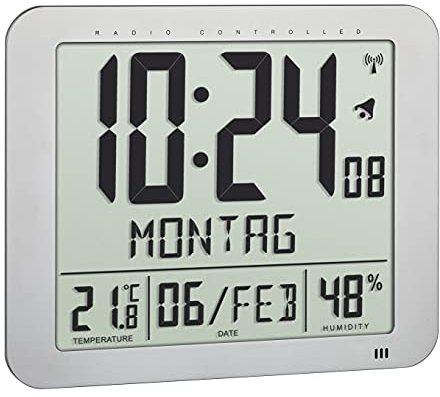 TFA Dostmann Orologio digitale radiocontrollato, 60.4516.54, con clima ambiente, giorno della settimana scritto (10 lingue), 2 funzioni di sveglia, come orologio da tavolo o da appendere, argento
