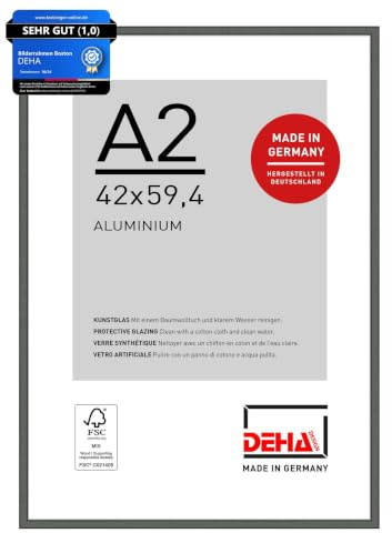 DEHA Design Aluminium Bilderrahmen Boston, 42 x 59,4 cm (A2), Grau | Aluminium Posterrahmen im Hoch- & Querformat zum Aufhängen Grau glänzend bruchsicheres Kunstglas