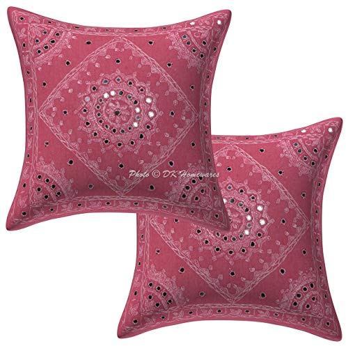 DK Homewares Fundas para Cojín 40x40 cm Algodón Bordado con Espejos Estilo Bohemio Rosa bebé Fundas de Almohada para Sofá Decoración Interior - Pack de 2