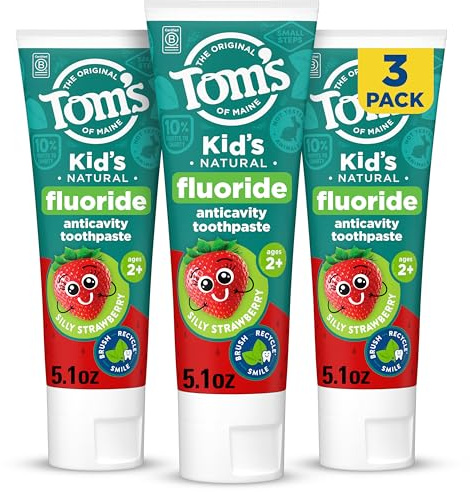 Tom's of Maine Fluoride Kids Toothpaste, Natural Toothpaste, Dye Free, No Artificial Preservatives, Silly Strawberry, 5.1 oz. 3-Pack (Packaging May Vary)